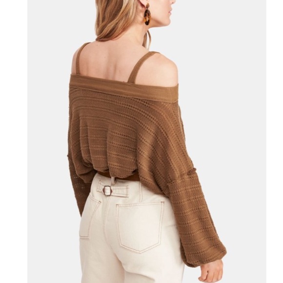 Free People Sistine Cold Shoulder Brown Square Neckline Long Sleeve Sweater Top - Picture 2 of 10